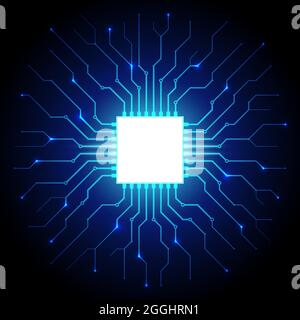 Processeur abstrait, puce numérique informatique, carte de circuit imprimé. Intelligence artificielle. Fond de technologie bleu foncé, modèle, élément de conception Illustration de Vecteur