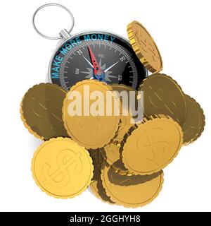 Concept Make More Money avec boussole et pièces d'or, rendu 3D Banque D'Images