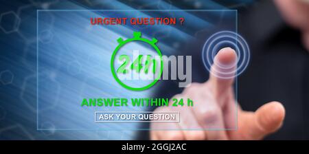 Homme touchant un concept de questions urgentes sur un écran tactile avec son doigt Banque D'Images