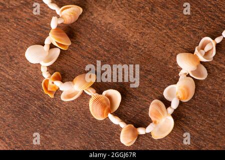 collier en coquillages sur table en bois. Banque D'Images