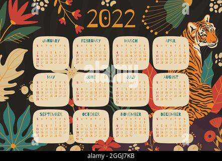 concept de calendrier de 2022 ans avec illustrations dessinées à la main de feuilles de tigre et de jungle. Illustration de Vecteur