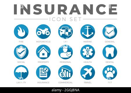 Ensemble d'icônes d'assurance à plateau rond avec voiture, propriété, incendie, vie, animal de compagnie, Icônes d'assurance voyage, dentaire, santé, maritime, responsabilité civile Illustration de Vecteur