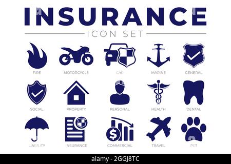 Ensemble d'icônes d'assurance avec voiture, propriété, incendie, vie, animal de compagnie, Icônes d'assurance voyage, dentaire, santé, maritime, responsabilité civile Illustration de Vecteur