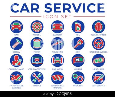 Ensemble d'icônes de la ronde d'entretien de voiture avec batterie, huile, levier de vitesses, filtre, polissage, Clé, volant, diagnostic, lavage, rétroviseur, Icônes des phares Illustration de Vecteur