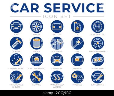 Ensemble d'icônes de la ronde d'entretien de voiture avec batterie, huile, levier de vitesses, filtre, polissage, Clé, volant, diagnostic, lavage, rétroviseur, Icônes des phares Illustration de Vecteur