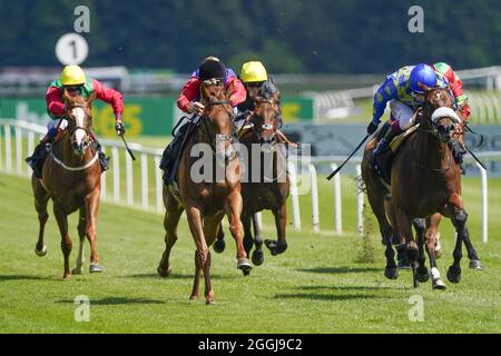 Photo du dossier datée du 16-07-2021, de Pat Dobbs à cheval sur l'intelligentsia (au centre, manches rouges) sur leur chemin pour gagner les mises de B365 EBF Maiden Fillies à l'hippodrome de Newbury. Date de publication : le mercredi 1er septembre 2021. Banque D'Images