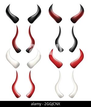 Jeu d'illustrations vectorielles Devon Horns. Collection de corne rouge, noir et blanc. Avertisseurs sonores de démon isolés. Illustration de Vecteur