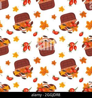 Motif sans couture avec un panier de champignons, de feuilles d'érable et de hanches roses. Imprimer avec récolte d'automne dans la forêt Illustration de Vecteur