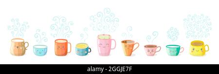 Ensemble vectoriel de kawaii personnages cute tasses avec fumée. Illustration de Vecteur
