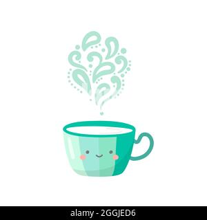 Vecteur kawaii cute personnages tasse avec fumée. Illustration de Vecteur