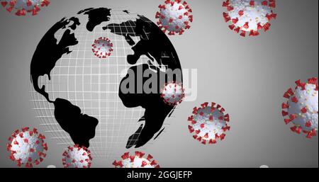 Image de 19 cellules covid 3d flottant sur le globe sur fond gris Banque D'Images
