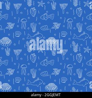 Motif sans coutures SEA LIFE. Collection infinie d'illustrations dessinées à la main : poissons, coquillages, différentes algues, oursin. Arrière-plan vectoriel isolé Illustration de Vecteur