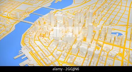 bas polyfilaire moderne centre-ville avec rivière et routes jaunes au-dessus de la vue. rendu 3d Banque D'Images