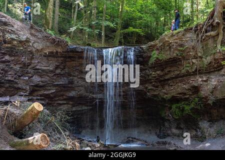 Europe, Allemagne, Bade-Wurtemberg, Forêt swabienne, Murrhardt, Famille à la cascade de Vorderen Hörschbach Banque D'Images