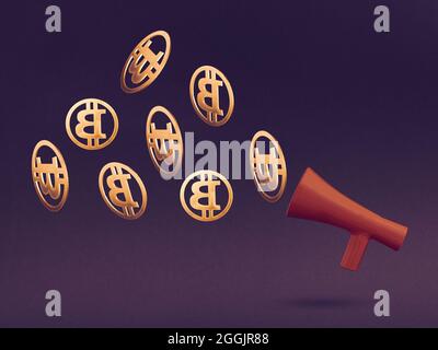 Symbole Bitcoin Golden coins avec mégaphone orange sur fond violet. Virtual crypto-monnaie bitcoin le futur concept de pièce d'or. Illustration 3D B Banque D'Images