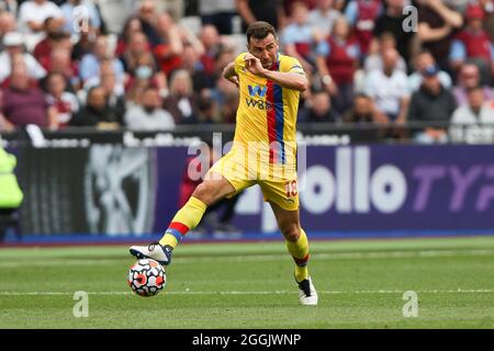Londres, Royaume-Uni. 31 août 2021. Londres, Royaume-Uni. 29 août 2021. James McArthur de Crystal Palace en action lors du match de la première Ligue entre West Ham United et Crystal Palace au stade de Londres, parc olympique Queen Elizabeth, Londres, Angleterre, le 28 août 2021. Photo de Ken Sparks. Utilisation éditoriale uniquement, licence requise pour une utilisation commerciale. Aucune utilisation dans les Paris, les jeux ou les publications d'un seul club/ligue/joueur. Crédit : UK Sports pics Ltd/Alay Live News Banque D'Images