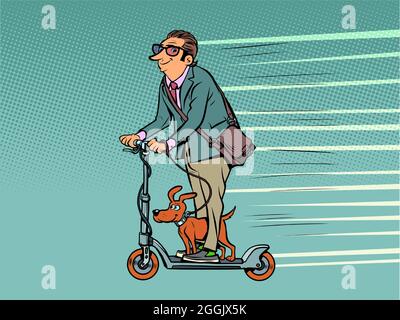 un homme d'affaires avec un chien voyage sur un scooter électrique. alternative vert écologique transport urbain. Animaux de compagnie Illustration de Vecteur