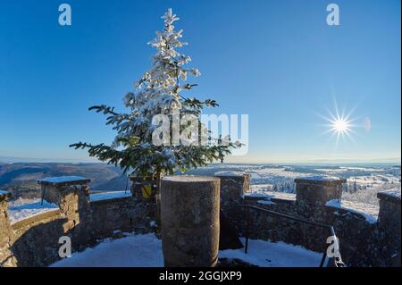 Tour d'observation, neige, matin, hiver, Waldbrunn, Katzenbuckel, Odenwald, Bade-Wurtemberg, Allemagne Banque D'Images