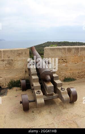 Cannon, Castell de sa Punta de n'Amer, Cala Millor, Majorque, Iles Baléares, Espagne, tour de fortification Banque D'Images