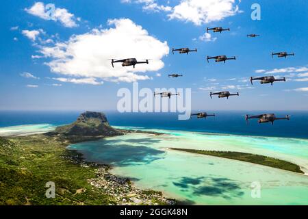 Des drones survolent l'île Maurice dans l'océan Indien. Un paysage naturel avec des drones qui le survolent. Quadricoptère. Banque D'Images