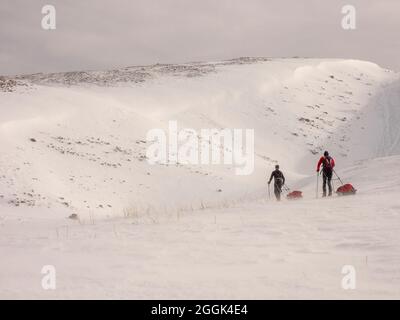 Deux skieurs lors d'une visite de ski avec des traîneaux de pulka à travers la réserve naturelle de la Réserve naturelle des hauts plateaux du Vercors, ascension au Col du Rousset Banque D'Images