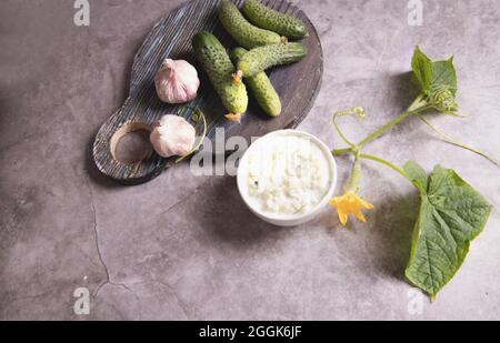 Vue de dessus d'un bol avec une sauce traditionnelle grecque tzatziki faite de concombres, yaourt et ail. Banque D'Images