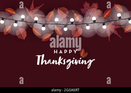 Joyeux Thanksgiving bannière arrière-plan avec différentes feuilles d'automne tombant et guirlande. Modèle vectoriel Illustration de Vecteur