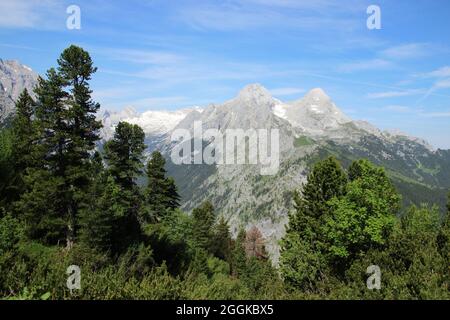 Montagnes Wetterstein avec Hochblassen et Alpspitze, ciel bleu, arbres, Garmisch-Partenkirchen, haute-Bavière, Bavière, sud de l'Allemagne, Allemagne Banque D'Images