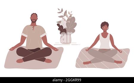 Afro-américaine femme et homme dans le yoga lotus position faire la méditation, la pratique de pleine conscience, la discipline spirituelle à la maison ou gym.Cute afro dame et homme Illustration de Vecteur