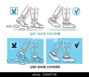 Couvre-chaussures médicaux, surchaussures chirurgicales jetables de protection portées sur des chaussures bottes. Uniforme stérile du pied méd. Sacs de marche en plastique. Vecteur de contour Illustration de Vecteur