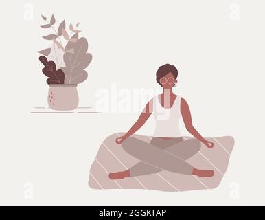 Femme afro-américaine assise avec ses jambes croisées sur le sol et méditant. Jeune femme en posture de yoga faisant de la méditation, pratique de la pleine conscience Illustration de Vecteur