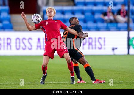 OSLO, NORVÈGE - 1er SEPTEMBRE : Morten Thorsby, de Norvège, Georginio Wijnaldum, des pays-Bas, lors du match de qualification de la coupe du monde entre la Norvège et les pays-Bas au stade Ullevaal, le 1er septembre 2021 à Oslo, Norvège (photo d'Andre Weening/Orange Pictures) Banque D'Images