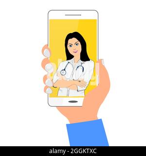 Le médecin est sur l'écran du smartphone. Consultation en ligne. Illustration vectorielle. Illustration de Vecteur