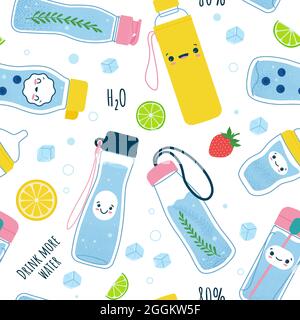 Buvez plus d'eau.Motif sans couture dans un joli style kawaii.Illustration vectorielle Illustration de Vecteur