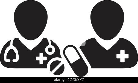 Médecin icône médecin avec vecteur patient avec pilule et comprimé pour le traitement médical et la consultation dans une illustration de glyphe Illustration de Vecteur