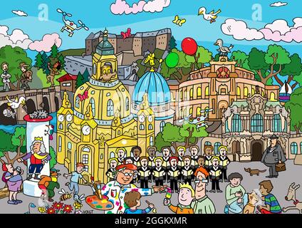 Une image d'objet caché de Dresde. Avec Frauenkirche, choeur et tous les célèbres bâtiments et personnes de la ville Banque D'Images