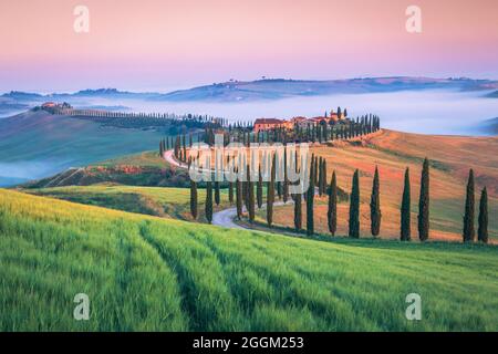 Baccoleno Farmhouse près d'Asciano, Crete Senesi, province de Sienne, Toscane, Italie, Europe Banque D'Images