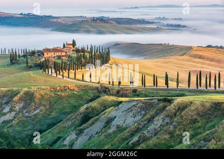 Baccoleno Farmhouse près d'Asciano, Crete Senesi, province de Sienne, Toscane, Italie, Europe Banque D'Images