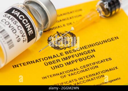 Vaccin avec seringue et certificat international de vaccination et livre de vaccination Banque D'Images