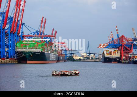 Hambourg, Allemagne - navire à conteneurs dans le port de Hambourg, navire à conteneurs toujours doué de la compagnie maritime Evergreen se trouve au terminal à conteneurs Burchardkai, le plus grand terminal à conteneurs du port de Hambourg. Le navire à conteneurs de 400 mètres de long, toujours doué, peut transporter jusqu'à 20,000 conteneurs de mer. Le port de Hambourg est le point final de la route maritime de la soie vers la Chine. Sur la droite se trouve le navire à conteneurs MSC Maria Saveria de la société de transport MSC au terminal à conteneurs Eurogate. Banque D'Images