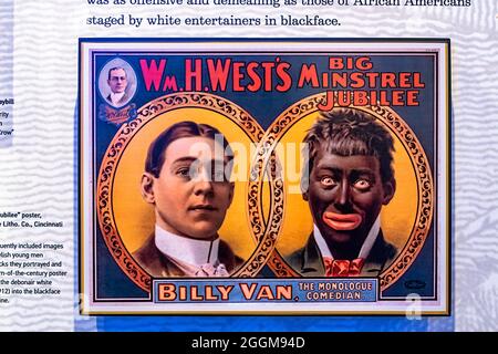 A poster for a blackface minstrel show inside the Blue Ridge Music Center on the Blue Ridge Parkway in Galax, Virginia. Banque D'Images