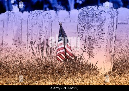 Illustration en couleur d'un petit drapeau américain marquant les tombes des victimes syndicales au cimetière national d'Antietam à Sharpesburg, Maryland. Banque D'Images