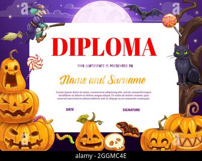 Diplôme ou certificat d'enfant avec citrouilles d'Halloween de dessin animé. Diplôme de maternelle pour enfants, prix de concours pour enfants. Jack-o-lanternes d'Halloween, vol Illustration de Vecteur