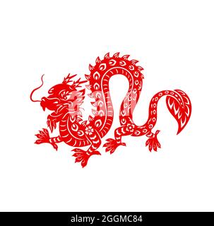 Chinois lunaire nouvel an rouge dragon, vecteur astrologique zodiaque animal de Chine. Coupe de papier puissant dragon avec ornement floral isolé sur le dos blanc Illustration de Vecteur