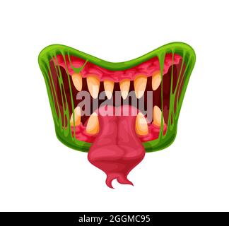 Mâchoires de monstre vertes. La bouche, les dents et la langue de la créature creepy de la bande dessinée d'Halloween ou de la bête dangereuse. Ma vector avec des fangs pointus en vert lime ou sal Illustration de Vecteur