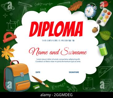 Diplôme d'études avec sac d'école, formules de croquis scientifiques, articles scolaires et feuilles d'automne. Certificat vectoriel avec contenu étudiant de dessin animé, backpac Illustration de Vecteur