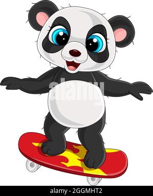 Dessin animé petit panda jouant à la planche à roulettes Illustration de Vecteur