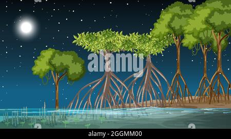 Scène de paysage de la forêt de mangroves à l'illustration de nuit Illustration de Vecteur