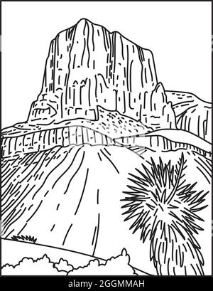 Illustration mono-ligne du parc national des montagnes Guadalupe dans l'ouest du Texas USA fait dans rétro noir et blanc monoline ligne art style affiche. Illustration de Vecteur