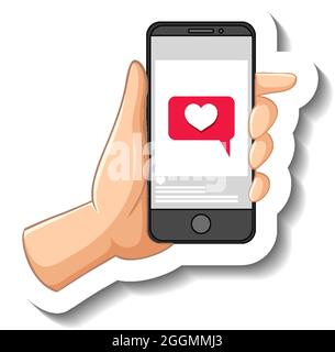 Un modèle d'autocollant avec illustration de smartphone tenant à la main Illustration de Vecteur